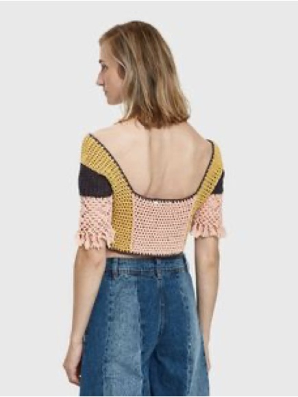 Tie-Front Crochet Colorblock Crop Top in Yellow, Pink & Black - Picture 2 of 6